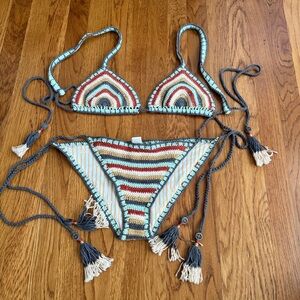 She made Me striped boho knit festival bikini M/L